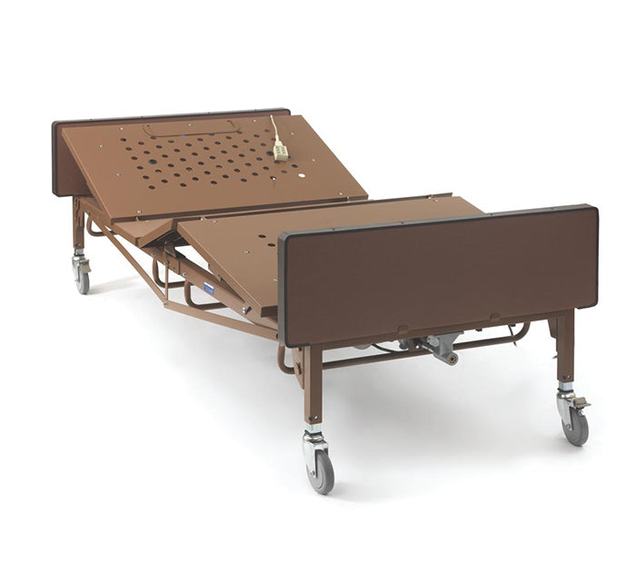 Wider hospital bed frame pictured by Mobility Equipment for Less, without mattress