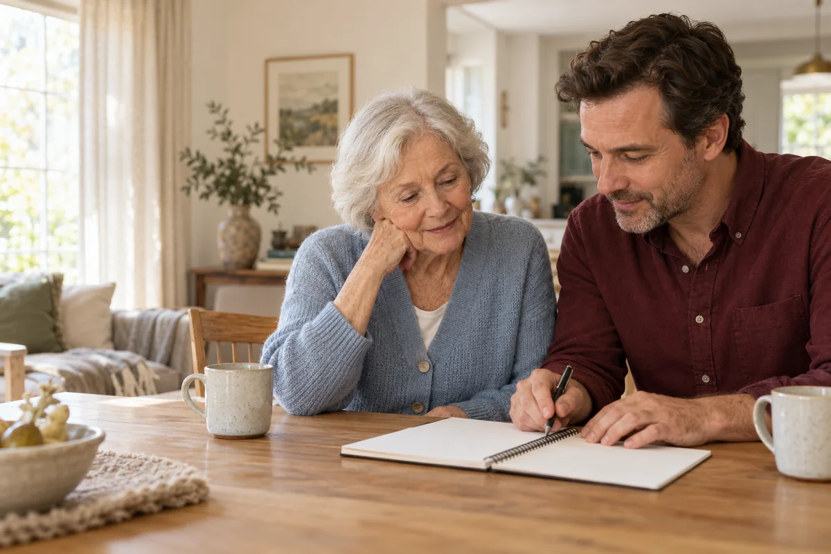 Illustrative older woman and adult son making a plan together at home