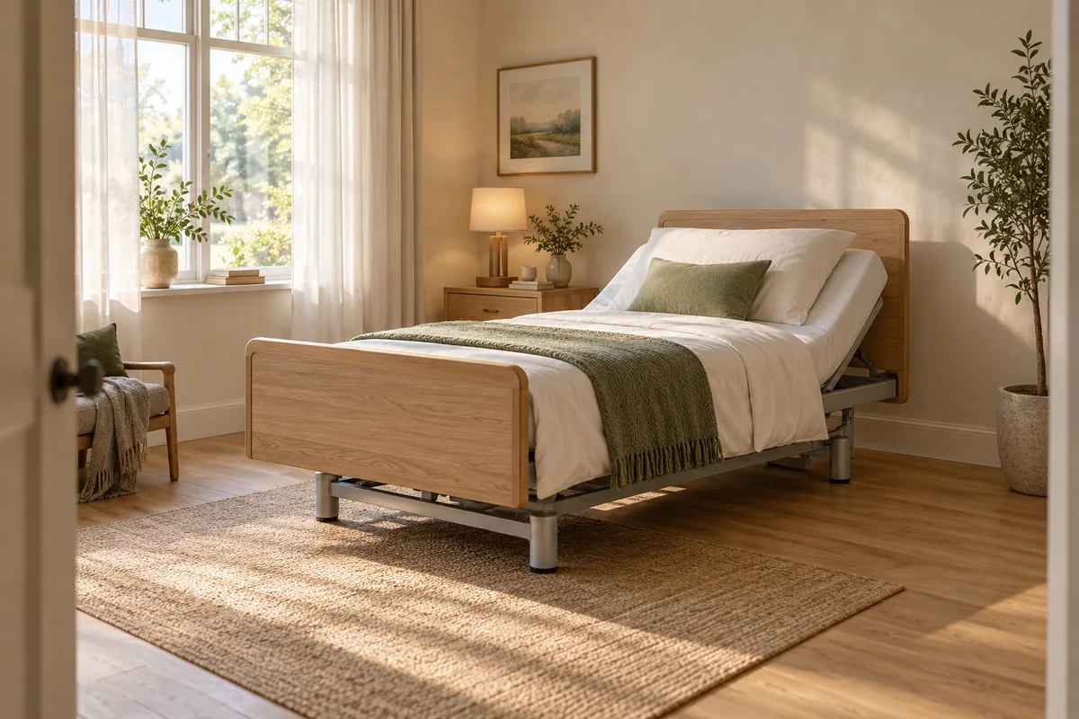 Illustrative care bed in a bright home bedroom