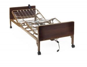 Bed frame with a manual height crank pictured in GetActive’s rental catalog, without mattress