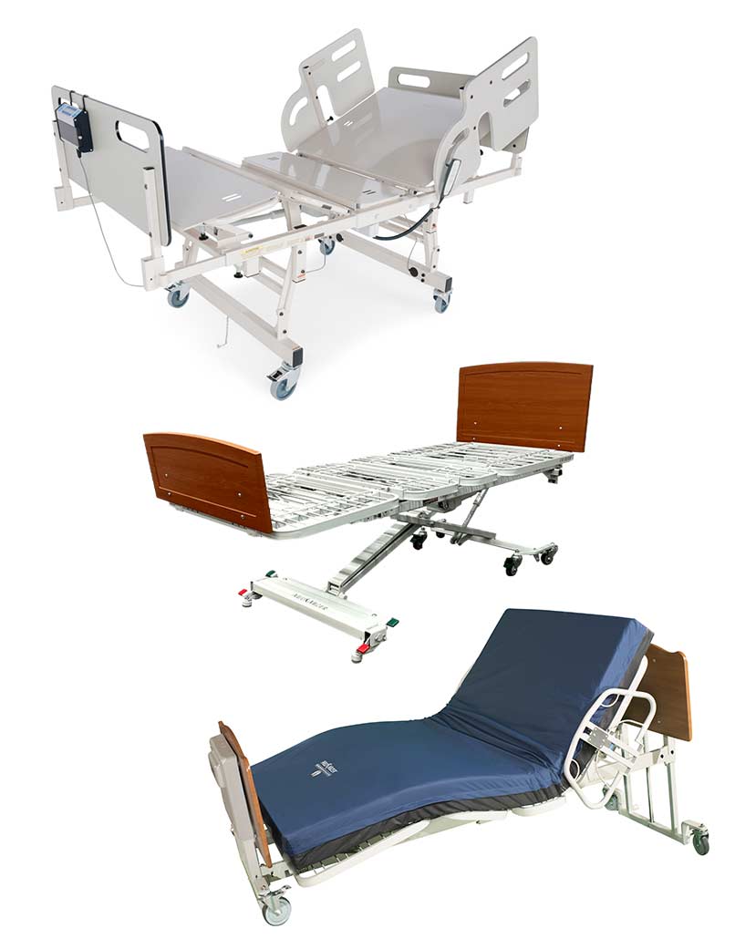 Three bed examples pictured together in HB Rehab’s product catalog