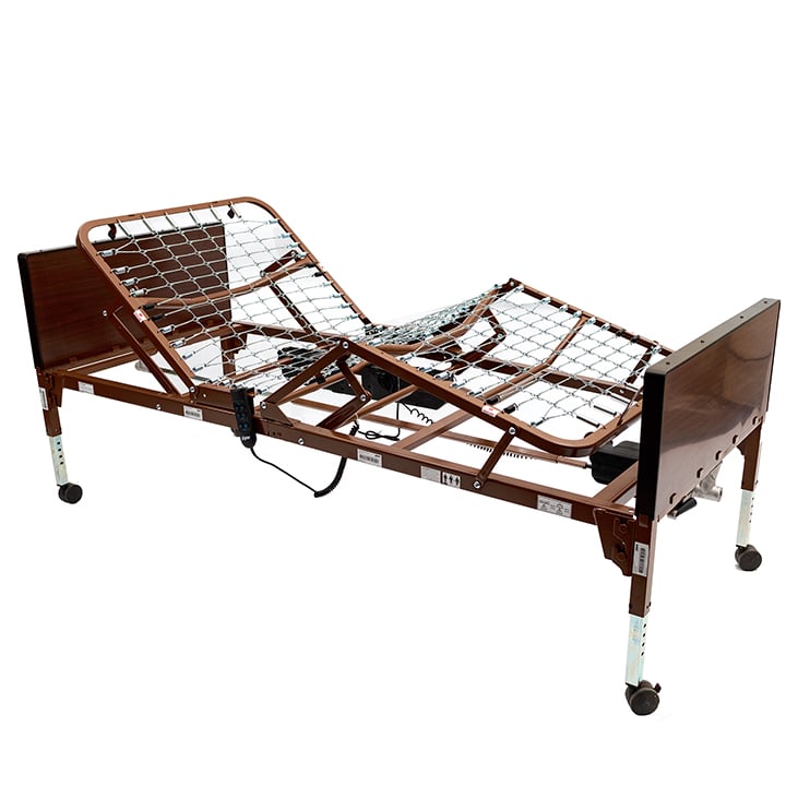 Bed frame pictured on Healthcare DME’s full-electric rental listing, without mattress