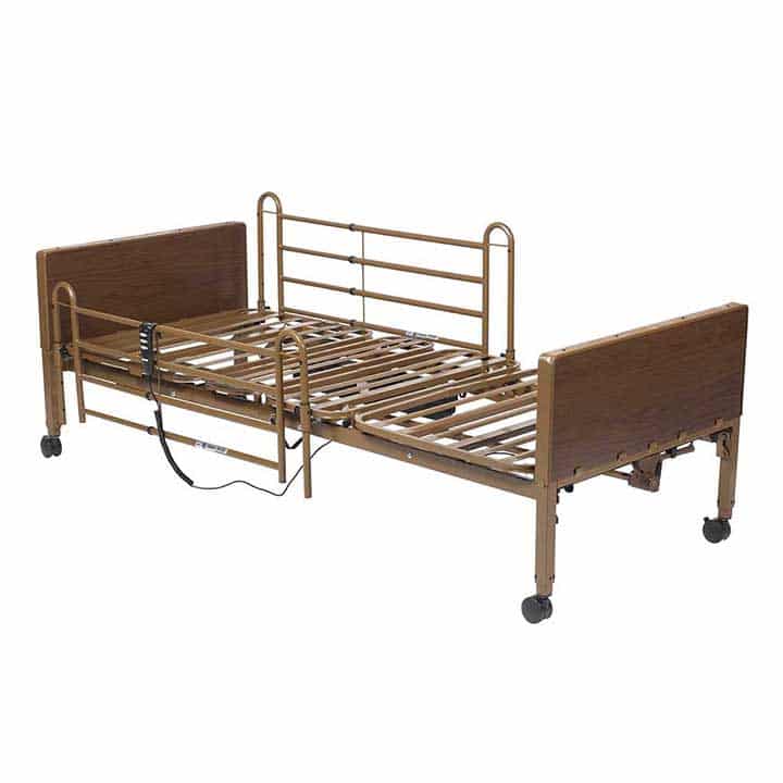 Semi-electric bed frame with rails pictured on Healthcare DME’s rental listing, without mattress