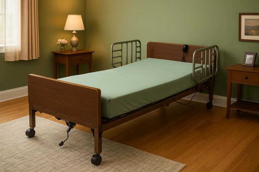 Home hospital bed with a manual height crank pictured on Nunn’s bed rental page