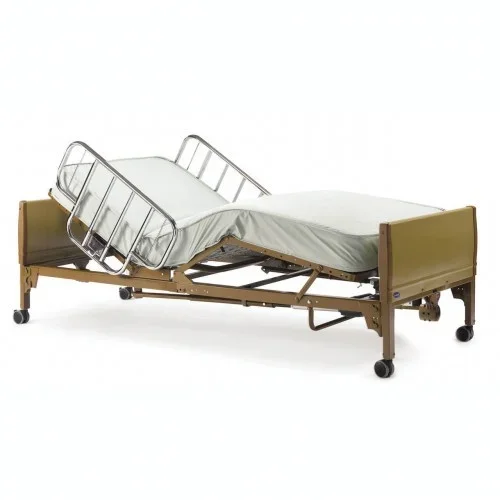 Full-electric bed pictured with mattress and rails on Family Medical’s rental page
